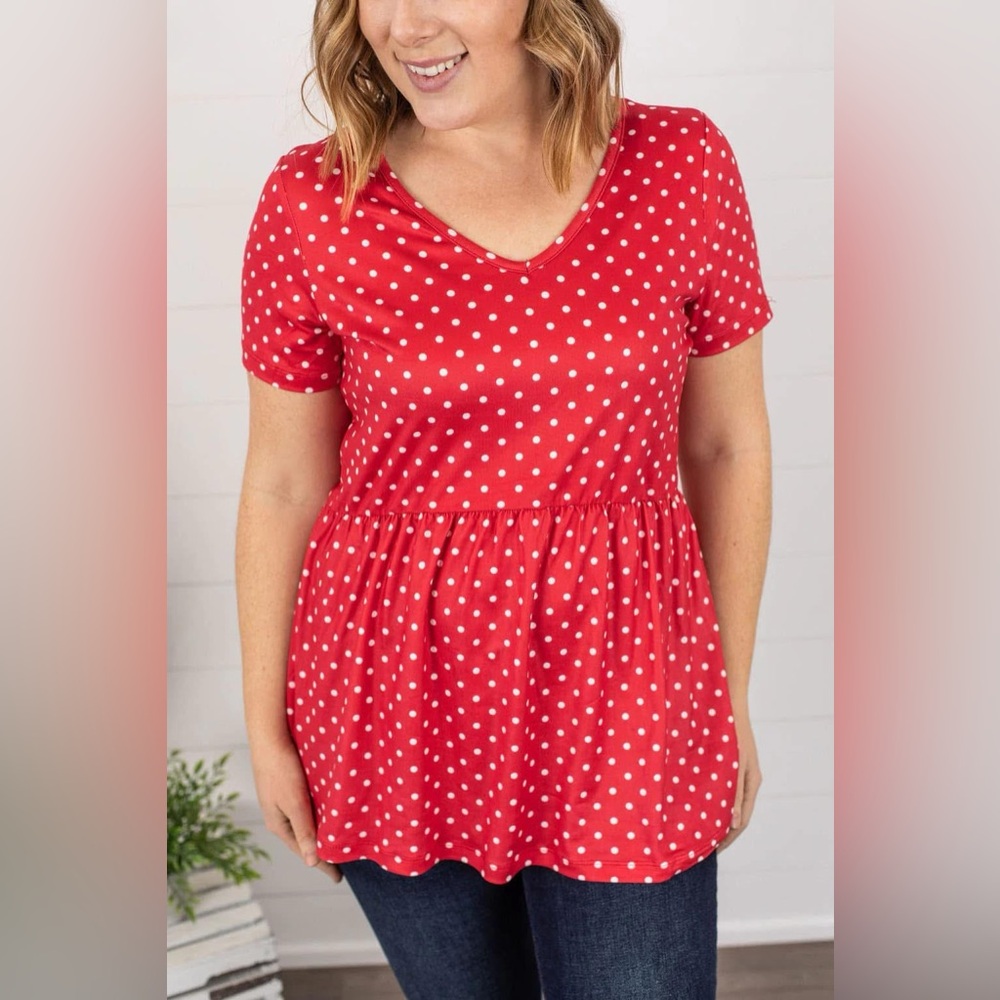 NEW Michelle Mae Women’s Red White Polka Dot Short Sleeve Ruffle Top size small